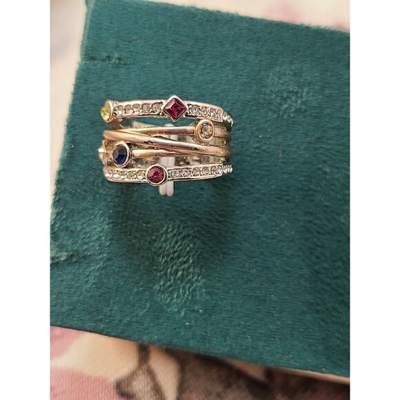 Sterling Silver Multi-Gem Ring | Size 6 CZ Rainbow Band Statement Jewelry - Picture 3 of 6